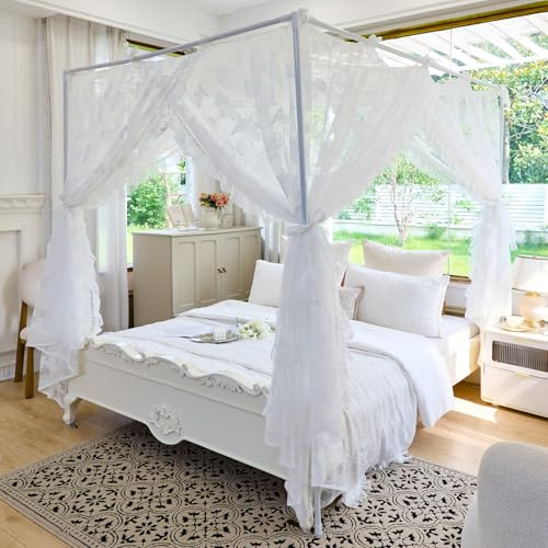 AIKASY Elegant Lace Princess 4-Poster Bed Canopy Mosquito Net - Romantic Wedding Bridal Bedroom Decor, Kids Room Bed Curtain for Women Adults - (White-4,Full)