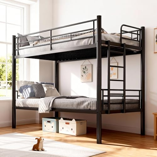 houcheyai Etagenbett 90x200, Metall Stockbett Bunk Bed, mit Leiter und Rausfallschutz, Etagenbett Erwachsene, Jugendbett 90x200 mit Lattenrost, Umbau zu Zwei Einzelbetten für Schlafzimmer (Schwarz)