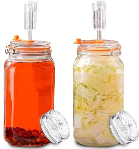 LUPATDY 2 stycken fermenteringsglas 2 liter fermenteringsglas med fermenteringsventil, med bred öppning, fermenteringsglas med vikt, fermenteringssats för kimchi, surdeg, surkål, kefir och grönsaker