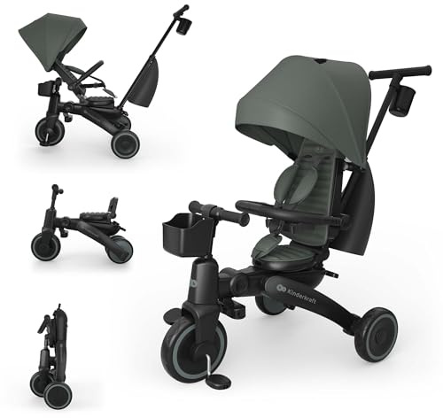 Kinderkraft JAZZ 3 Tricycle Bike, 360° Rotating Seat, Reclining Seat, Foldable Frame, UPF 50+ Canopy, Parent Control Handle, Balance Bike Function, Green