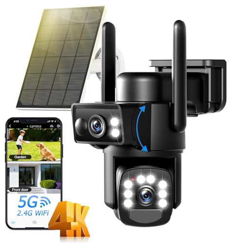 8MP Telecamera Wi-Fi Esterno Senza Fili con Pannello Solare 5W,Doppio Obiettivo Sorveglianza WiFi Videocamera Batteria 15000mAh,2.4G/5GHz,PIR Rilevamento,Visione Notturna Colori,Audio Bidirezionale