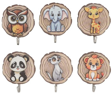 Pilipane Ganchos de ropa de dibujos animados para niños, adorables ganchos de pared autoadhesivos con forma de animal para organización de habitaciones de niños, Material de boj, paquete