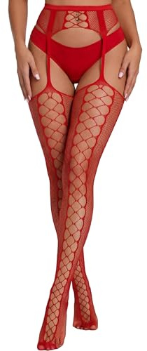 Eagerlove Calze a Rete Sexy Taglie Forti Regalo di San Valentino Collant con Reggicalze Bas Autoreggenti Vita Alta Lingerie Rosso M-L Taglie Forti