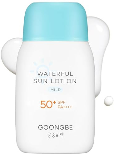 GOONGBE Waterful Sun Lotion Mild SPF 50 - Zinc Oxide Water Resistant Mineral Sunscreen for Babies, Kids & Adults - Hypoallergenic, Vegan, Reef-Safe - Korean Sun Care for Sensitive Skin, 80ml