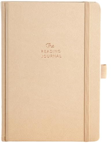 Texvora A5 läsdagbok i beige PU-läder, 208 sidor med läsmeddelanden, 14,5 x 21,1 cm bärbar läsjournal anteckningsbok, elastiskt stängningsband