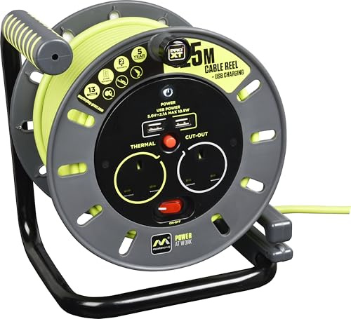 Masterplug OMU25132USL-PX Pro-XT Four Socket Open Cable Reel Extension Lead with Winding Handle and Two USB Charging Ports, Thermal Cut Out and Power Switch, 25 Metres High Visibility Cable, Green