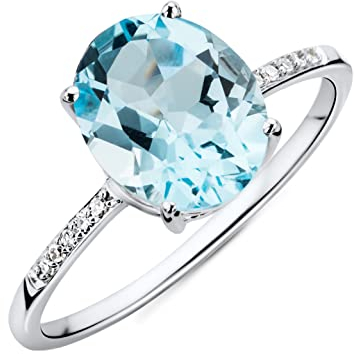 MIORE Ring Damen Weißgold 9 Karat / 375 Gold Blauer Topas mit Diamant Brillianten