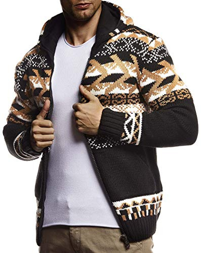 Leif Nelson LN20756 Veste en tricot à capuche pour homme - Veste d'hiver chaude - Veste d'hiver chaude pour homme - Motif norvégien - Grosse maille - Coupe ajustée, Noir , M