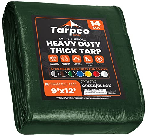 Tarpco Safety Heavy Duty 245 GSM/ 14 Mil Tarp Cover, Waterproof, UV Resistant, Rip and Tear Proof, Poly Tarpaulin with Reinforced Edges for Roof, Boat (Green/Black 9′ X 12′ | 2.75m X 3.65m)