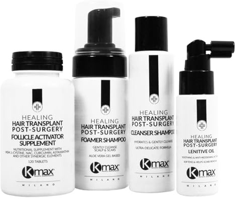 Kmax Healing Hair Transplant Post Surgery Kit - Shampoo Post Trapianto Capelli, Schiuma Dopo Trapianto capello, Olio Idratante Integratore