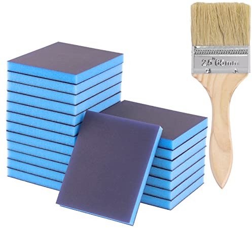 Glarks El kit de 21 esponjas de lijado de grano 280 incluye 20 bloques de lijado reutilizables y lavables de 120 x 100 x 12 mm, con 1 cepillo de pintura para madera, metal, pintura y paneles de yeso