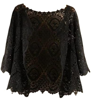 Dambolero bolero för kvinnor, 3/4 kort cardigan snygg blommig spets blusjacka sommar virkad cardigan öppen framsida V-ringad festivaljacka strandöverdrag för klänningar, svart, XXL