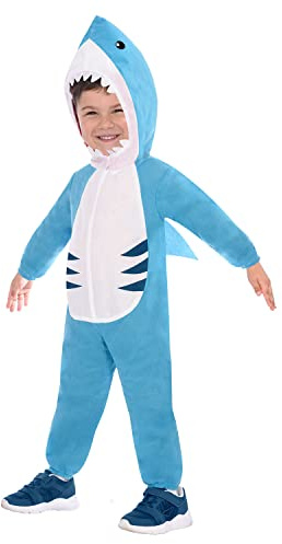 amscan 9918195 9907150 Unisex barn vit haj overall kostym, barn, blå (ålder 6-8 år)