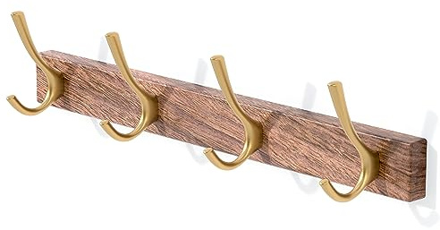 IURRDOP 17 Inch Walnut Wood Wall Mounted Coat Rack with 4 Gold Double Hooks, Adhesive Mounted Entryway Hooks, Modern Natural Wooden Pegs for Hanging Coat Clothes Hat Bag Purse Key and Towel
