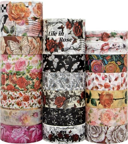 Rose Washi Tape Set, 20 Rolls Vintage Floral Washi Tapes for Journaling, Thanksgiving Flower Letter Butterfly Stickers Decorative Tapes for Crafts Supplies, Scrapbooking Supplies, Junk Journal