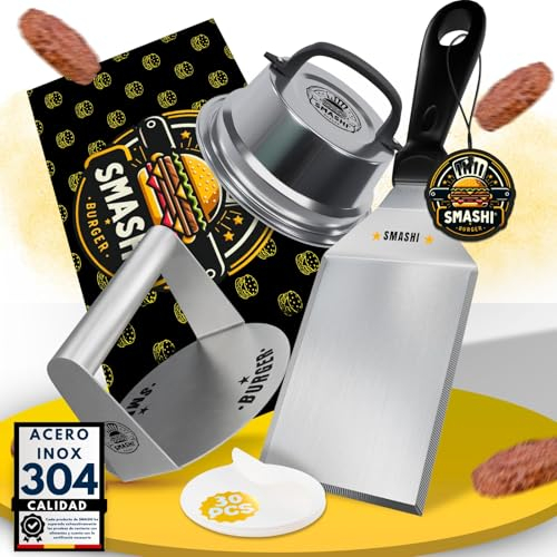 SMASHI® Kit Smash Burger Professionale – Smash Burger Press in Acciaio Inox 304 con Spatola, Cupola, 50 Fogli Antiaderenti – Kit Smash Burger Certificato EU per BBQ e Cucina