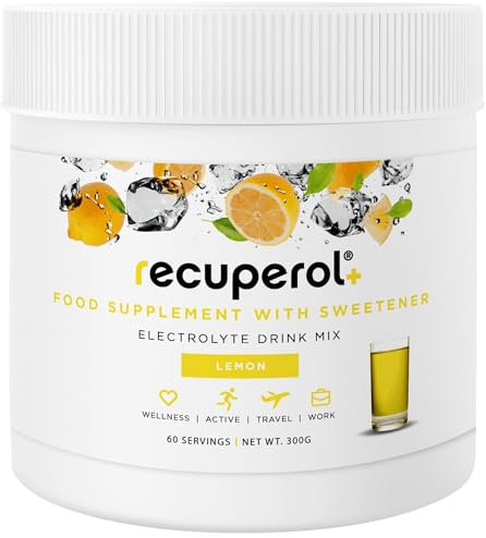 Recuperol Electrolytes Powder, Sugar Free Rehydration & Recovery Drink, Electrolytes Hydration, Zinc, Vitamin C, B12, D3, Potassium, Natural Lemon Flavour - 60 Servings (Tub with Scoop)