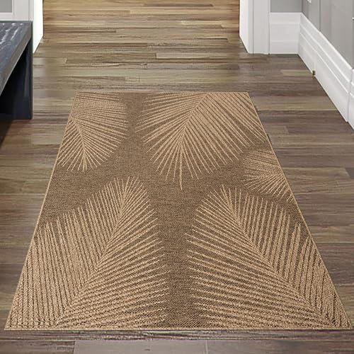 Teppich-Traum Teppichläufer Flur Indoor- Outdoorteppich wetterfest in dezentem Blättermuster in Beige Braun 60 x 180 cm