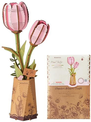 rowood Flores Artificiales Tulipán Rosa 3D Puzzle DIY Flor de Madera Maqueta Kits de Construcción para Ensamblar Kit de Manualidades para Adultos Decoración del Hogar y Juego de Regalo de San Valentín
