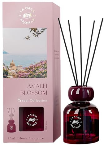 Ambientador ASEVI Mikado Amalfi Blossom - Travel Collection - Difusor de Varillas 90 ml - Inspirado en la Costa Italiana - Fragancia Floral Intensa - Diseño Elegante para el Hogar