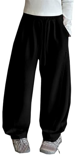 Baggy Soft Sweatpants for Youth Drawstring Wide Leg School Joggers Trousers Kids Boys Girls Plain Oversized Straight Pockets Preppy Sweatpants Bottom (Black, 12-13 Years)