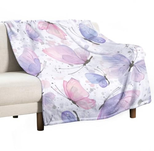Manta Suave con Mariposas Rosas y Lilas, acogedora y cálida Franela de otoño, cómoda y Ligera, Ideal para sofá, Cama, sofá, para Todas Las Estaciones, para Mujeres y Hombres, decoración del hogar, 60