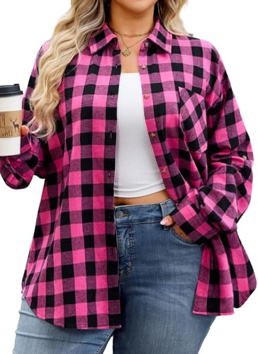 Hot Pink Plaid Shirt for Women Plus Size Long Sleeve Button Down Flannel Shirts Casual Roll Up Checkered Clothing Loose Fit Blouse Fall Tops Outfit 3XL