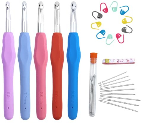 Uncinetti Set, 5 Pezzi Ferri Uncinetto Ergonomici Manico Morbido Aghi di Crochet, Set Uncinetto, Dimensioni: 6,5 mm, 7 mm, 8 mm, 9 mm, 10 mm