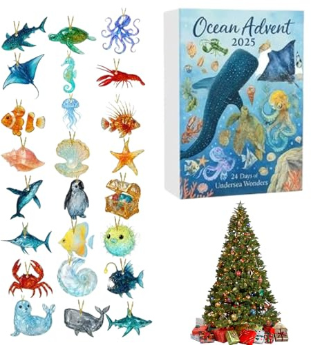 Calendario 'Avvento 2D in acrilico 2D, per feste, 24 giorni, con animali marini, calendario 'Avvento 2025, per lo sviluppo degli alberi, bambini, famiglia, attività divertenti per adolescenti