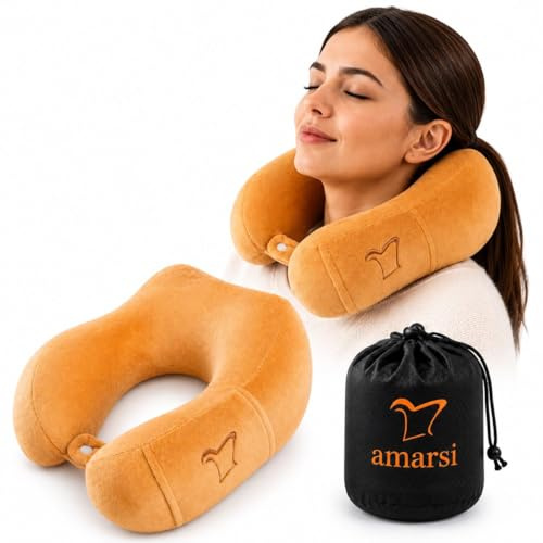 amarsi Cuscino da Viaggio Memory Foam, Cuscino Collo per Aereo e Treno, Travel Pillow Ergonomico a U con Supporto Cervicale, Sfoderabile e Lavabile, Beige