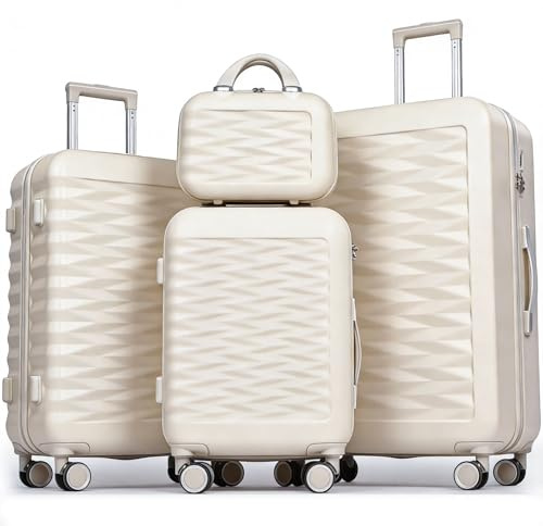 H.yeed 4-Piece Luggage Set Lightweight ABS Hard Shell Suitcase Set with TSA Lock and Spinner Wheels Travel Suitcase Set Includes 12 20 24 28 (Beige, 4 pc Set)