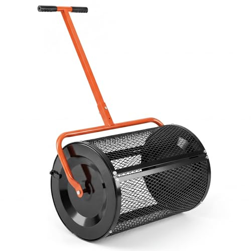 COSTWAY Spandiconcime a Rullo, Rullo da Giardino con Impugnatura Pratica Chiusure Laterali e Rete in Metallo per Concimazione e Semina, Spandiconcime per Prato e Giardino (40 x 61 cm Arancione)