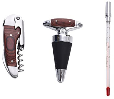LAGUIOLE - Set 3 Accessori di Lusso per Vino - Cavatappi, Tappo, Termometro - Legno di Pakka - Confezione Regalo - Acciaio Inossidabile - Marrone Scuro