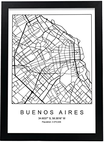 Nacnic Lámina mapa de la ciudad Buenos aires estilo nordico en blanco y negro. Poster tamaño A3 Enmarcado con marco negro Impreso papel 250 gr. Cuadros, láminas y posters para salon y dormitorio
