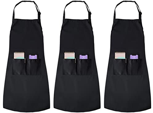 joeji's Kitchen Juego de 3 delantales unisex negros, correa ajustable y delantal de cocina de chef impermeable con 2 bolsillos para hombres y mujeres, delantales de cocina casera