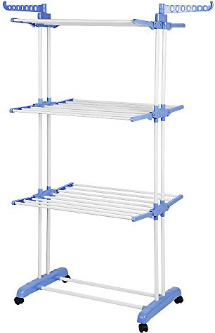 Flyelf 3 Niveaux Etendoir à Linge avec Ailes, Tablettes Pliables, 4 Roues (75-126) * 64 * 170 cm (Bleu-Blanc)