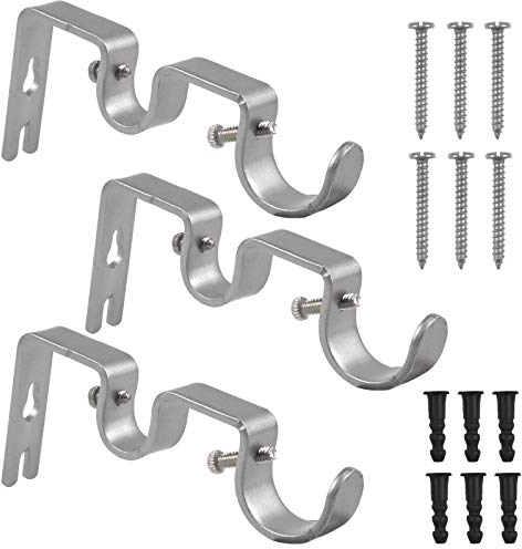 Fodlon 3 Pack Adjustable Metal Curtain Rod Brackets with Screws and Drilling (Silver)