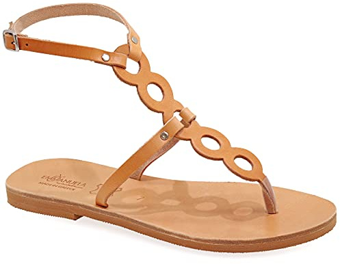Emmanuela Sandalias planas de piel hechas a mano, zapatos de verano con cortes de pasaje para mujer, sandalias de tiras con puntera partida y correas ajustables, Beige, 41