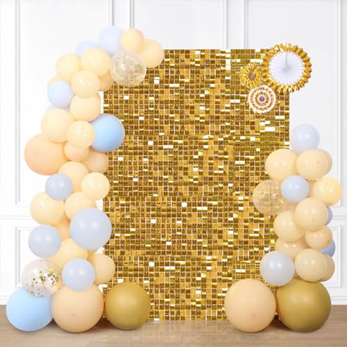 Gold Shimmer Wall Backdrop Panels Glitter Wall Decor Sparkly Sequin Backdrop-12 Packs Birthday Wall Backdrop for Parties Stage Bridal Shower Graduation Disco Stage Wall