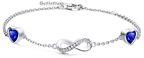 Qings Infinity Armband Damen Sterling Silber Unendlichkeit Liebes Herz Armbänder mit Saphir Geburtsstein Charm Blau Herz Zirkonia Verstellbar Armkette Muttertag Weihnachten Geschenk für Mama