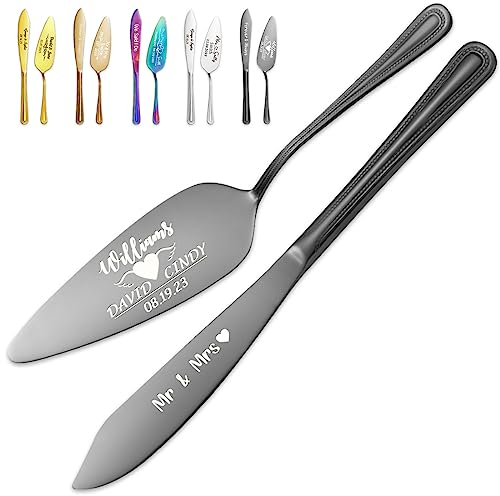 Juego de cuchillo y servidor personalizado para tartas de boda, juego de corte de pastel grabado para boda, cortador de pastel personalizado y servidor de pizza para despedida de soltera, cumpleaños,