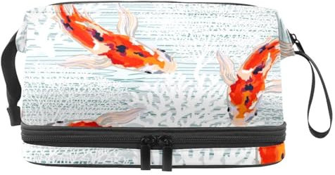 Koi - Neceser de doble capa con diseño de pez carpa con corales para mujeres y niñas, neceser de viaje, organizador de maquillaje con compartimento para cepillos, multicolor, 27x15x14 cm/10.6x5.9x5.5