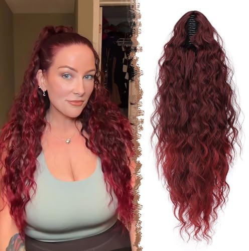 FESHFEN Coda Capelli Extension con Pinza - Lunga Ondulati Ricci Posticci Finta Sintetici Coda Cavallo Extension Ponytail per Donna, 65 cm Nero Ombre Rosso