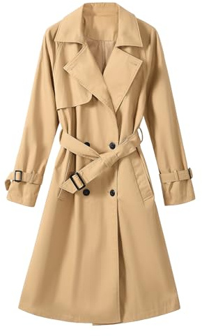 Vancavoo Trenchcoat Donna Giacca Primaverile Autunnale Cappotto Classico Doppiopetto Lungo Parka Windbreaker Giacche con Tasche,Cachi,XL