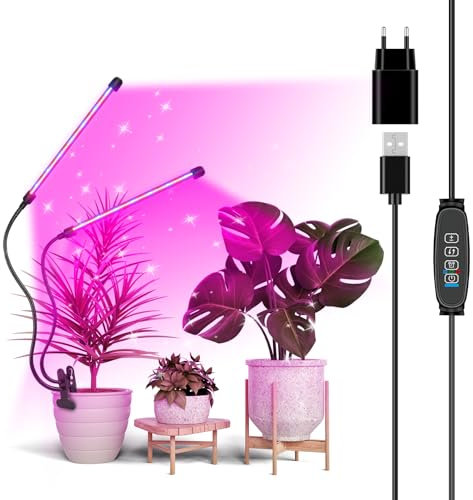 YOJZMA Luce di Coltivazione per Piante, Lampada LED a Clip con Spettro Completo Rosso e Blu, Timer 3/9/12 Ore, 3 Modalità di Accensione, 10 Livelli di Regolazione, Collo Regolabile-2 Teste