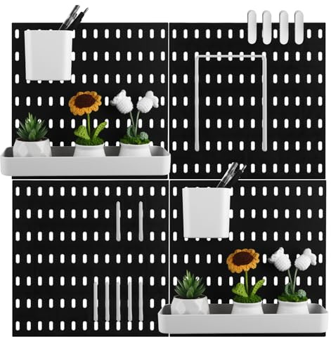 LDXDRU Kit de combinación de tablero perforado de 56 x 56 cm, organizador de pared con accesorios, tablero de clavijas de plástico negro para almacenamiento de herramientas de cocina y hogar, 4