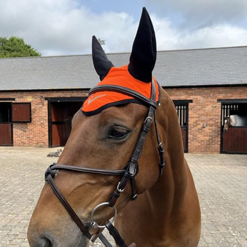 Ruggles Hi-Viz Ear Bonnet - Fly Veil for Horse and Pony - Yellow, Orange (Orange, Full)