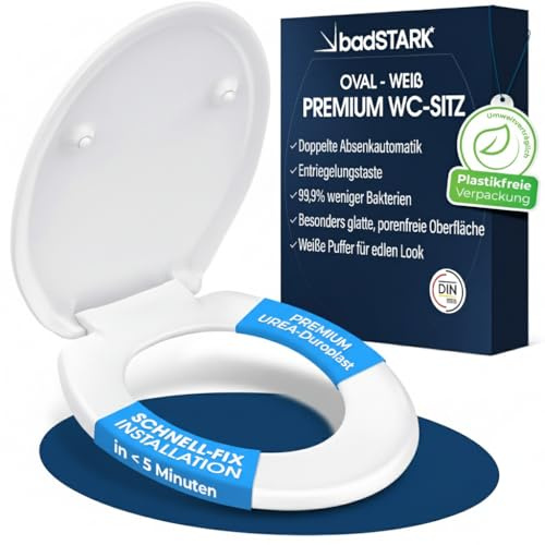 badSTARK Premium Toilettendeckel / WC Sitz mit Absenkautomatik – Soft-Close Klobrille oval, Quick-Release & einfache Montage | Urea-Duroplast, antibakteriell, Weiß