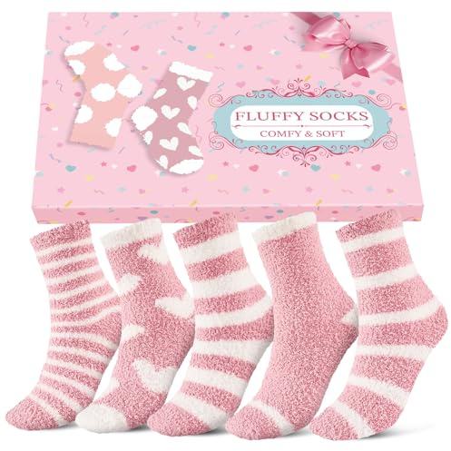 Niorasen Fluffy Socks Womens with Gift Box, Cosy Bed Socks for Women, Warm&Comfy Fuzzy Sock, Gifts for Women Ladies Girls, 5 Pairs, 3-8, Pink