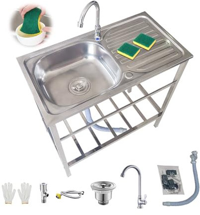 Catering Lavello In Acciaio Inox Lavandino Da Esterno Garage Lavabo per Cucina Commerciale Con Scarico E Rubinetto Lavabo di Utilità Per Ristorante Giardino Seminterrato 75x40xH75cm